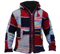 SHOPOHOLIC FASHION Unisex Hippy Boho Patch chamarra con capucha de lana Nepalesa, sudadera de festival colorida de forro polar hecha a mano súper acogedora con 2 bolsillos, (Rojo Mezcla/Large)