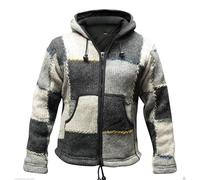 SHOPOHOLIC FASHION Unisex Hippy Boho Patch chamarra con capucha de lana Nepalesa, sudadera de festival colorida de forro polar hecha a mano súper acogedora con 2 bolsillos, (Mezcla Gris/M)