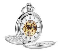 ShoppeWatch Reloj de Bolsillo para Hombre con Cadena | Reloj de Bolsillo Antiguo de Cuerda Manual con Movimiento Mecánico Clásico | Steampunk Pocket Watch Plateado - PW20