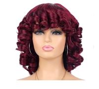 Short Curly Wig with Bangs for Black Women Soft Big Curly Heat Resistant Natural Looking Synthetic Wigs Wiglets(BUG#)