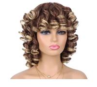 Short Curly Wig with Bangs for Black Women Soft Big Curly Heat Resistant Natural Looking Synthetic Wigs Wiglets(Brown with blonde)