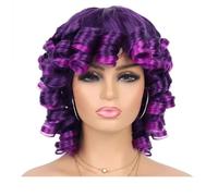 Short Curly Wig with Bangs for Black Women Soft Big Curly Heat Resistant Natural Looking Synthetic Wigs Wiglets(Purple)