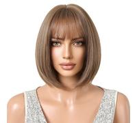 Short Ombre Brown Wig with Bangs,Women Synthetic Straight Bob Wigs for Daily Party Use