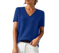 Short Sleeve Sweater for Women Solid Color Business Casual Work Tops Beach Vacation Clothes V Neck Knit Pullover Top