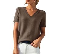 Short Sleeve Sweater for Women Solid Color Business Casual Work Tops Beach Vacation Clothes V Neck Knit Pullover Top