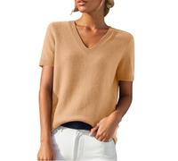 Short Sleeve Sweater for Women Solid Color Business Casual Work Tops Beach Vacation Clothes V Neck Knit Pullover Top