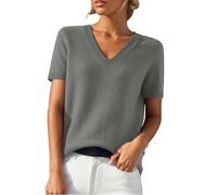Short Sleeve Sweater for Women Solid Color Business Casual Work Tops Beach Vacation Clothes V Neck Knit Pullover Top