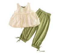 Short Sling Tops Pantalones Conjunto de dos piezas Ropa de verano para niña Puff Manga corta con hombros descubiertos Bordado de flores