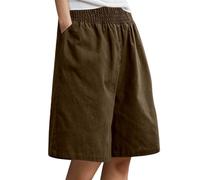 Shorts Damen Leinen Baumwolle Shorts Freizeit Bermuda kurze Hose High Waist bequem Sommershorts mit Taschen Lange Sportshorts Lounge Laufshorts Outdorhose Freizeithose, marrón, L