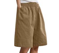 Shorts Damen Leinen Baumwolle Shorts Freizeit Bermuda kurze Hose High Waist bequem Sommershorts mit Taschen Lange Sportshorts Lounge Laufshorts Outdorhose Freizeithose, caqui, M
