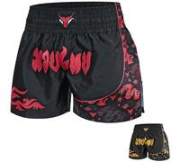 Shorts de Kickboxing para Hombre Slim Fit Short Length - Pantalones Cortos Muay Thai para MMA, Grappling, Artes Marciales y Combate en Jaula (FR/ES, Letras, L, Regular, Regular, Negro/Rojo)