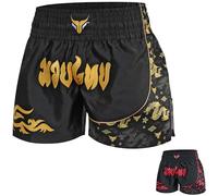 Shorts de Kickboxing para Hombre Slim Fit Short Length - Pantalones Cortos Muay Thai para MMA, Grappling, Artes Marciales y Combate en Jaula (FR/ES, Letras, M, Regular, Regular, Negro/Dorado)
