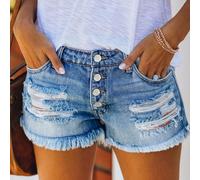 Shorts de mezclilla de tiro con dobladillo para mujer, con detalles sexys de roturas y desgastados, mallas de mezclilla elástica aptas para figuras más rechonchas, moda de