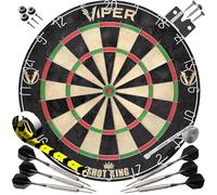 Shot King Regulation Bristle Steel Tip Dartboard Set with Staple-Free Bullseye, Galvanized Metal Radial Spider Wire Includes 6 Darts, Black, 17.75 Inch