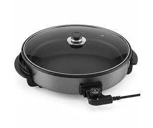 Shov Sartén eléctrica para pizza y multibräter XL - 48 cm de diámetro, 7 cm de profundidad | Sartén antiadherente y tapa de vidrio | 1500 W | Termostato ajustable para pizza, paella, giroscopios y
