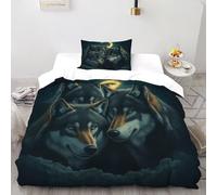 SHOVERKD lupi Mezzaluna Set Di Biancheria Da Letto 2 Pezzi con Stampa 3D MoonlitNight Bosque Animales Incluso Copripiumino con 1 Federe in Microfibra Morbida E Leggera Single（135x200cm）
