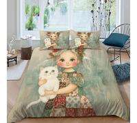 SHOVERKD Ragazza Gatto Set Di Biancheria Da Letto per 3 Pezzi con Stampa 3D Aesthetic Pastoral Creatures Copripiumino con 2 Federe con Federe in Microfibra Ultra Morbida King（220x240cm）