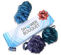 SHOWER BOUQUET Loofah-Charcoal Back - Juego de esponjas de baño y esponja de baño // 1 cepillo trasero de mango largo más 2 pufs extragrandes de malla suave de 75 g, para hombres y mujeres, exfolia