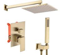 Shower Faucet Set, Brass Brushed Gold Bathroom Faucet, Bathroom Shower Concealed Rain Shower System Set with Handheld Spray Set Shower System Rainfall Head,10 Inch