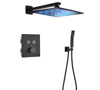 Shower Faucet Set Complete System Black, Thermostatic Haute Pression Rain Shower System with LED Rain Head, Brass Handheld Shower,Wall Mount 12in