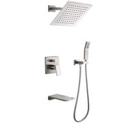 Shower Faucet System Mixer Set, Bathtub Shower Fixtures 8-10 Inch Rain Shower Head and Hand Shower Head with Waterfall Tub Faucet Spout Wall Mounted Shower System Kit,Brushed Gold,