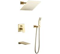 Shower Faucet System Mixer Set, Bathtub Shower Fixtures 8-10 Inch Rain Shower Head and Hand Shower Head with Waterfall Tub Faucet Spout Wall Mounted Shower System Kit,Brushed Gold,