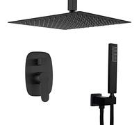 Shower Faucet System Set, Ceiling Mounted Square 10-12 Inch Rainfall Shower System with Handheld Shower Head and Waterfall Spout Tub Shower Taps with Shower Mixer Kit,Black,10 Inch