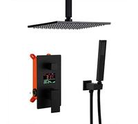 Shower Set Black Brass Ceiling Mounted LED Digital Display Bathroom Rain Mixer Shower Set with 10-12 Inch Square Rainfall Shower Head and Handheld Shower, Luxury Shower System,10 I