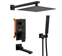 Shower Set Black Wall Mounted LED Digital Display Bathroom Rain Mixer Shower Taps Set with 10-12 Inch Square Rainfall Shower Head and Tub Taps, Luxury Shower System,12 Inch