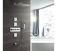 Shower Set Concealed Thermostatic Shower Set 4 Function In- Wall Waterfall Square Top Spray Copper Hand Shower System 3 Side Touch with Faucet Can Be Rotated Not Rusting Bathroom