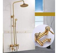 Shower Set European and American Retro Copper and Cold Shower Set 10 Inch Round Top Spray Shower System Brass Shower Faucet 3 Modes Double Lifting Gold Practical Bathroom