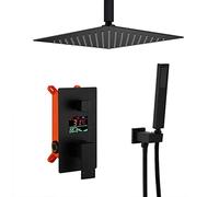 Shower System Black Ceiling Mounted LED Digital Display Bathroom Rain Mixer Shower Set with 10-12 Inch Square Rainfall Shower Head and Handheld Shower, Luxury Shower Set,12 Inch