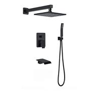 Shower System Black Shower Faucet Set Brass Modern Shower Combo Set Wall Mounted Rain Mixer Shower with 8 Inch Rainfall Shower Head, Handheld Shower, Waterfall Tub Faucet