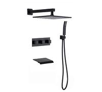 Shower System Black Shower Faucet Set Brass Shower Combo Set Wall Mounted Rain Mixer Shower with 8 Inch Rainfall Shower Head, Handheld Shower, Waterfall Tub Faucet