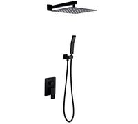 Shower System Black Square Rainfall Shower Head System with Handheld Combo Set, Wall Mounted Shower Faucet Set Complete with Brass Valve and Trim Kit,12 Inches