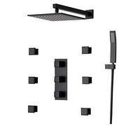 Shower System, Brass 10-12 Inch Matte Black Wall Mounted Rain Shower System 3 Function Shower Combo Set with 6 Pcs Body Spray Jets Bathroom Luxury Shower Set,12 Inch