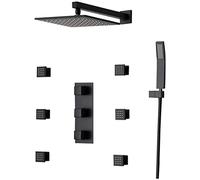 Shower System, Brass 10-12 Inch Matte Black Wall Mounted Rain Shower System 3 Function Shower Combo Set with 6 Pcs Body Spray Jets Bathroom Luxury Shower Set,10 Inch