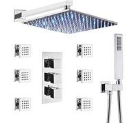 Shower System, Brass 10-12 Inch Wall Mounted Chrome LED Rain Shower Head System with Thermostatic Mixer Valve and 6 Massage Body Sprays and Handheld Shower Combo Set,10 Inch