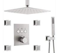 Shower System, Brass Ceiling Mount 10-12Inch Brushed Nickel Rain Shower System with Body Spray Jets and Handheld Thermostatic Mixer Bathroom Luxury Shower Set,10 Inch