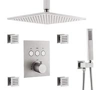 Shower System, Brass Ceiling Mount 10-12Inch Brushed Nickel Rain Shower System with Body Spray Jets and Handheld Thermostatic Mixer Bathroom Luxury Shower Set,10 Inch