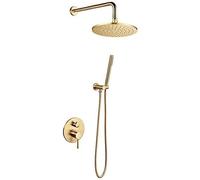 Shower System, Brass Concealed Shower Set Wall Mounted Brushed Gold Shower Faucet Set with 8-12" Round Brass Top Spray Rainfall Showerhead and Handheld Shower, Luxury Shower Set,8