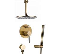 Shower System, Brushed Gold Brass Ceiling Mounted Bathroom Rain Mixer Combo Set with 8-12" Round Top Spray Rainfall Showerhead and Handheld Shower, Luxury Shower Set,8 Inch