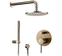 Shower System, Brushed Gold Brass Wall Mounted Diverter Mixer Bathroom Shower Set with 8-12 Inch Brass Round Rainfall Shower Head and Handheld Shower, Luxury Shower Set,8 Inch