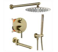 Shower System Brushed Gold Shower Faucet Set Brass 10 Inch Shower Combo Set Wall Mounted Modern Rain Mixer Shower with Rotatable Tub Spout, Handheld Shower,Stainless Steel Shower Head