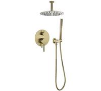 Shower System, Ceiling Mounted Brushed Gold Bathroom Rain Mixer Shower Taps Set with 8-12" Stainless Steel Round Rainfall Shower Head and Handheld Shower, Luxury Shower Set,12 Inch