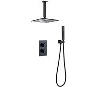 Shower System, Ceiling Mounted Thermostatic Brass Matte Black Rain Shower Taps with 8-12" Square Brass Shower Head and Handheld Shower, Luxury Shower Set,10 Inch