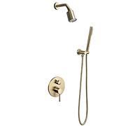 Shower System Round Rainfall Shower Head System with Handheld Combo Set, Wall Mounted Shower Faucet Set Complete with Brass Valve and Trim Kit,Brushed Gold