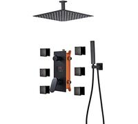Shower System Temperature Display Concealed Shower Faucet Set Matt Black Shower Mixer Taps Set with 6 Body Sprays with Brass Hand Shower and Waterfall Rainfall Shower Head,12 Inch