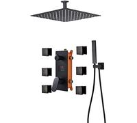 Shower System Temperature Display Concealed Shower Faucet Set Matt Black Shower Mixer Taps Set with 6 Body Sprays with Brass Hand Shower and Waterfall Rainfall Shower Head,12 Inch