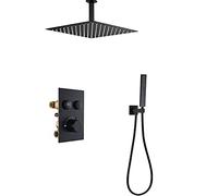 Shower System Thermostatic Black Shower Faucet Set Ceiling Mounted Rainfall Shower Head System with Handheld Shower Set Rain Mixer Shower Combo Set,16 Inches